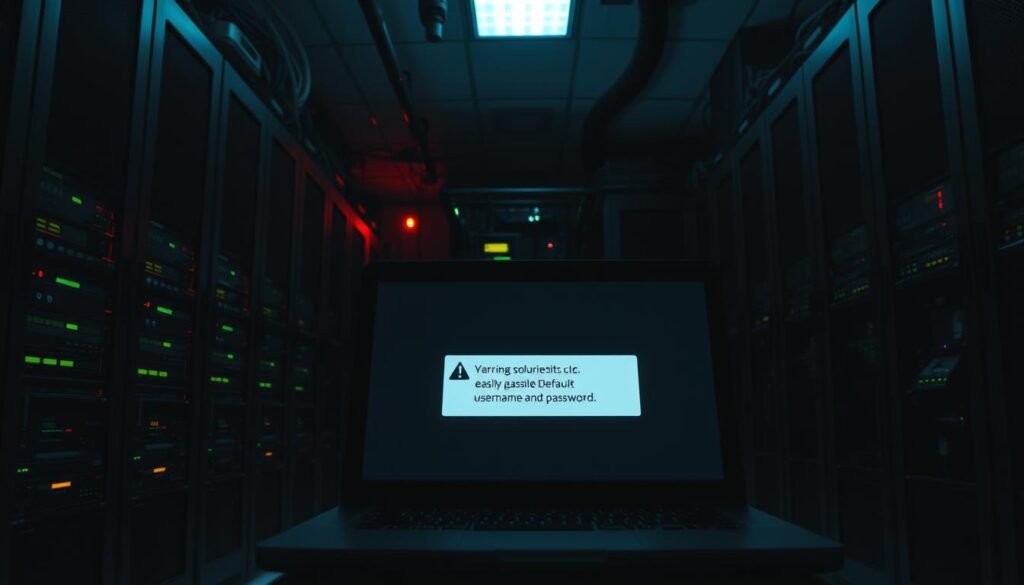 A dimly lit server room, with rows of blinking network equipment and racks of outdated hardware. In the foreground, a laptop screen displays a warning message, highlighting a gaping security vulnerability - an easily guessable default username and password combination. The atmosphere is tense, the lighting ominous, conveying a sense of impending cyber-disaster. The scene is shot from a low angle, emphasizing the looming threat of unsecured devices. Shadows cast by the equipment create a sense of depth and unease, underscoring the gravity of the situation.