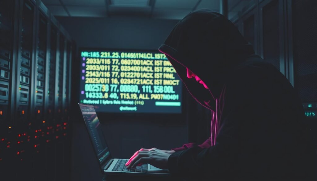A dimly lit server room, with rows of blinking servers and a large, ominous monitor displaying a series of numeric codes and symbols - the telltale signs of a password attack in progress. In the foreground, a hooded figure hunched over a laptop, their fingers frantically typing, their face cast in the glow of the screen. The atmosphere is tense, the air thick with the hum of machinery and the sense of impending danger. The image conveys the seriousness and technicality of a password attack, highlighting the vulnerability of digital systems and the need for robust security measures.