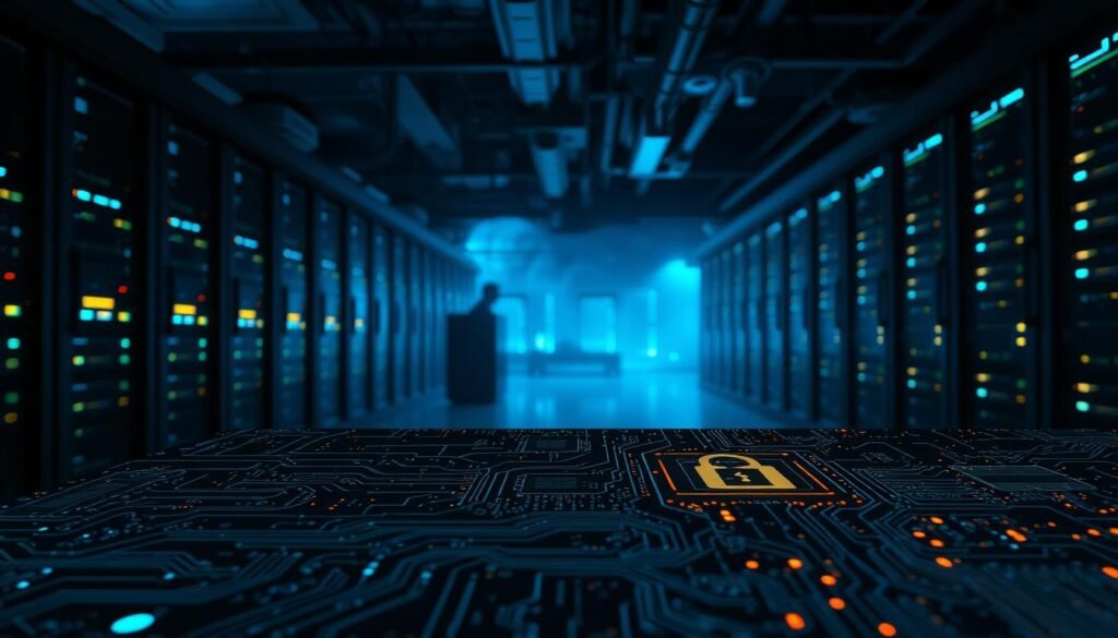 A dimly lit server room, with rows of glowing computer racks and a hazy blue ambiance. In the foreground, a complex circuit board with intricate patterns of data lines and cryptographic symbols, representing the encryption process. Shadowy silhouettes of network cables and security hardware loom in the background, hinting at the importance of data protection. Soft, directional lighting illuminates the scene, casting dramatic shadows and emphasizing the technical details. The overall atmosphere conveys a sense of seriousness and the gravity of securing sensitive information. A dimly lit server room, with rows of glowing computer racks and a hazy blue ambiance. In the foreground, a complex circuit board with intricate patterns of data lines and cryptographic symbols, representing the encryption process. Shadowy silhouettes of network cables and security hardware loom in the background, hinting at the importance of data protection. Soft, directional lighting illuminates the scene, casting dramatic shadows and emphasizing the technical details. The overall atmosphere conveys a sense of seriousness and the gravity of securing sensitive information.