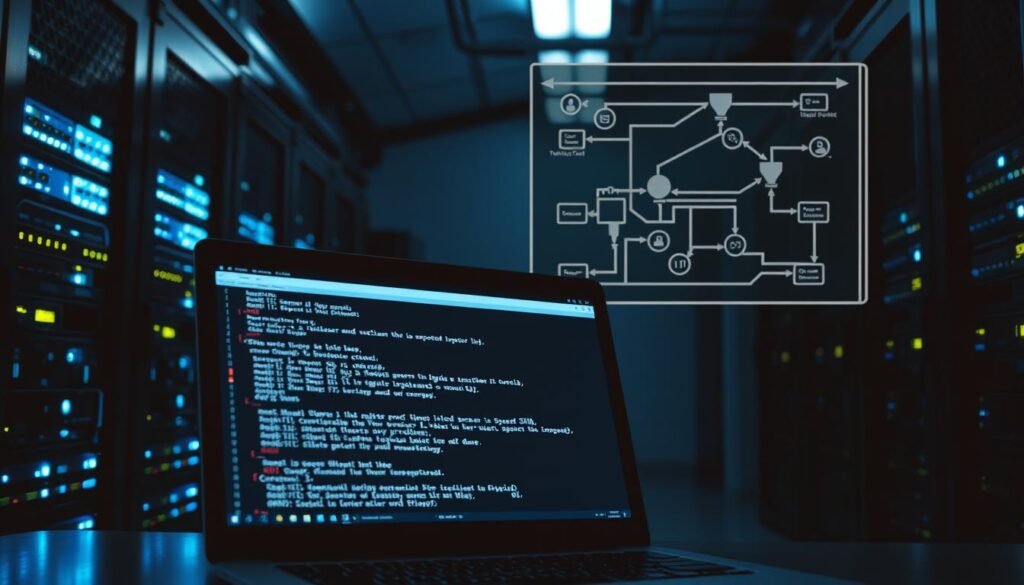 A dimly lit server room, with rows of humming racks and blinking LED lights. In the foreground, a laptop screen displays a terminal window, the cursor blinking as commands are typed. The screen casts a soft glow, illuminating the administrator's face, their expression a mix of concentration and concern. In the background, a schematic diagram of a network topology is visible, highlighting potential vulnerabilities. The atmosphere is tense, with a sense of urgency and the need to secure the exposed SSH port before it's exploited by malicious actors.