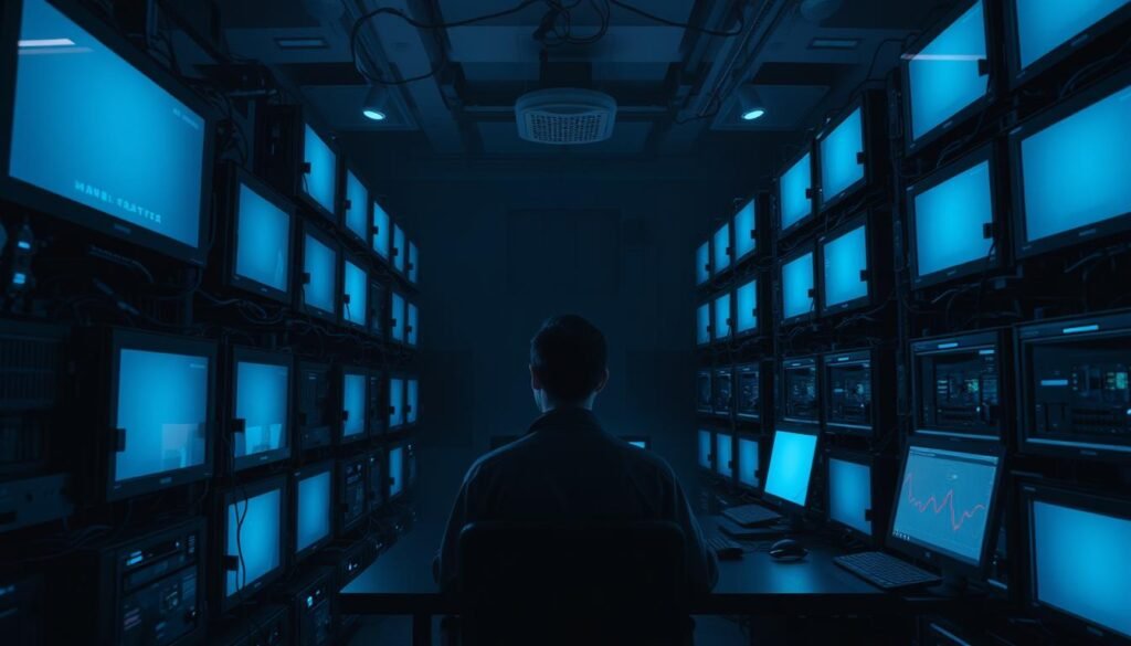 A dimly lit server room, with rows of sleek, black virtualized workstations arranged in a grid-like formation. The workstations emit a soft, bluish glow, casting a serene, technical atmosphere over the scene. Cables and wires snake between the machines, creating a sense of interconnectedness. In the foreground, a lone researcher sits at a desk, intently studying the displays, their face illuminated by the screens. The background is shrouded in shadow, hinting at the depth and complexity of the virtualized environment. The overall impression is one of a well-equipped, secure, and meticulously organized red team laboratory, ready for safe experimentation and attack simulation.