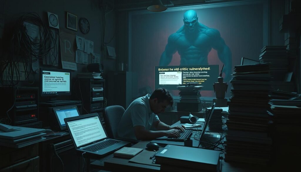 A dimly lit software development office, cluttered with outdated laptops, tangled cables, and a teetering stack of manuals. In the foreground, a harried developer hunched over a keyboard, surrounded by pop-up notifications about critical security vulnerabilities. The middle ground reveals a tug-of-war between legacy systems and the need for modernization, while the background shows a looming, ominous shadow of cybersecurity threats. Moody lighting casts long shadows, creating a sense of unease and the weight of technical debt. A wide-angle lens captures the overwhelming nature of software management challenges. A dimly lit software development office, cluttered with outdated laptops, tangled cables, and a teetering stack of manuals. In the foreground, a harried developer hunched over a keyboard, surrounded by pop-up notifications about critical security vulnerabilities. The middle ground reveals a tug-of-war between legacy systems and the need for modernization, while the background shows a looming, ominous shadow of cybersecurity threats. Moody lighting casts long shadows, creating a sense of unease and the weight of technical debt. A wide-angle lens captures the overwhelming nature of software management challenges.