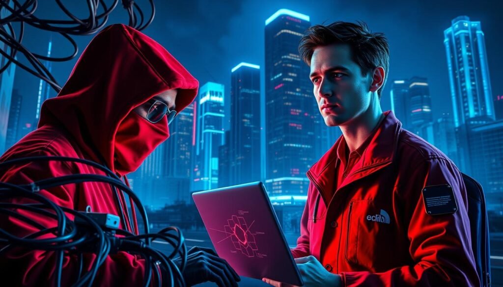 A dynamic scene depicting the contrasting career paths of red team and blue team cybersecurity professionals. In the foreground, a red-clad hacker navigates a labyrinth of firewalls and network defenses, their gaze intense with focus. Opposite, a blue-uniformed analyst monitors a sleek, holographic interface, their expression calm and resolute. The middle ground showcases the divergent skill sets - the red team's probing, exploitative techniques juxtaposed against the blue team's defensive strategies and incident response. In the background, a cityscape of towering, neon-lit skyscrapers sets the stage, hinting at the high-stakes, fast-paced world of cybersecurity. Cinematic lighting casts dramatic shadows, heightening the sense of tension and competition between the two teams. The overall mood conveys the dynamic, cerebral nature of this cybersecurity career choice.