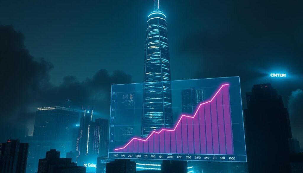 A futuristic cityscape at night, with a towering skyscraper in the center, its façade illuminated by a neon-like grid of digital code. In the foreground, a holographic display showcases the growing demand for cybersecurity professionals, represented by a graph of rising job opportunities. The background is shrouded in a hazy, cyberpunk atmosphere, with ominous shadows and the faint glow of technology. The lighting is dramatic, with a mix of cool and warm tones, creating a sense of tension and urgency. The overall scene conveys the critical importance of cybersecurity in the modern, hyper-connected world.