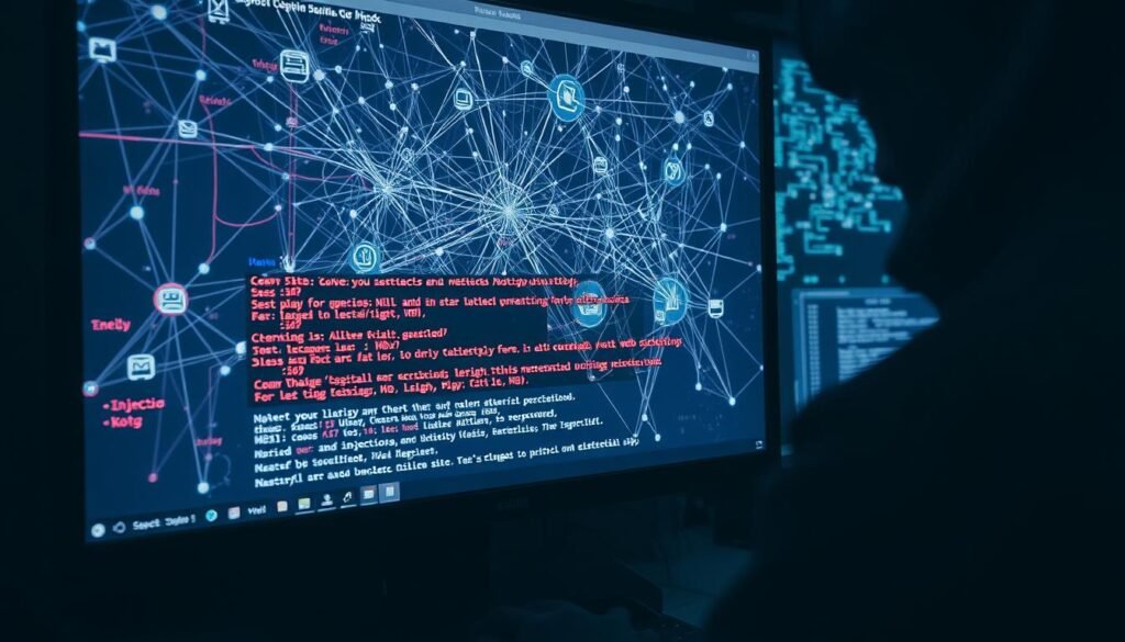 A hacker's screen displaying a complex web of interconnected lines and symbols, representing the intricate nature of a cross-site scripting (XSS) attack. In the foreground, a malicious script is being injected into a web page, while in the background, a network of servers and devices are being manipulated. The scene is illuminated by a dim, ominous lighting, casting shadows that add to the sense of danger and vulnerability. The overall atmosphere conveys the seriousness and potential impact of XSS vulnerabilities, highlighting the need for vigilance and effective security measures. A hacker's screen displaying a complex web of interconnected lines and symbols, representing the intricate nature of a cross-site scripting (XSS) attack. In the foreground, a malicious script is being injected into a web page, while in the background, a network of servers and devices are being manipulated. The scene is illuminated by a dim, ominous lighting, casting shadows that add to the sense of danger and vulnerability. The overall atmosphere conveys the seriousness and potential impact of XSS vulnerabilities, highlighting the need for vigilance and effective security measures.