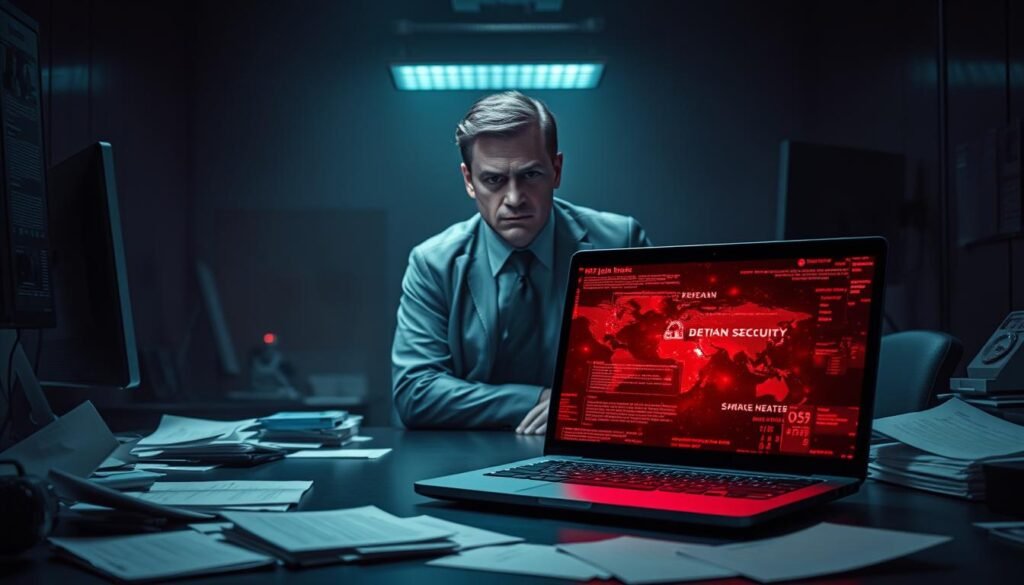 A high-security office environment, dimly lit with a looming sense of unease. In the foreground, a laptop on a desk, its screen emitting an ominous red glow, hinting at a data breach or cyber attack in progress. Surrounding it, scattered papers and files, conveying the chaos and disruption caused by the security incident. In the middle ground, a tense-looking executive, brow furrowed, contemplating the implications and potential fallout. The background shrouded in shadows, suggesting the unseen vulnerabilities and threats lurking beyond the immediate crisis. The scene evokes a palpable tension, capturing the business security risk at the heart of the CVE-2024-XXXXX vulnerability.