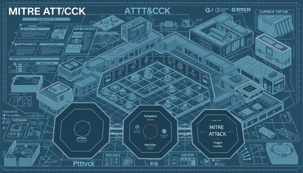 A highly detailed and technical blueprint-style illustration of the MITRE ATT&CK Framework. In the foreground, a series of interconnected octagonal shapes depicting the key components of the framework - tactics, techniques, and procedures. In the middle ground, a grid-like structure with various icons and labels representing the diverse attack vectors. In the background, a sophisticated technical schematic with isometric perspective, engineering diagrams, and engineering schematics, conveying the comprehensive nature of the framework. Rendered in a muted, technical color palette with subtle lighting and shadows to emphasize the architectural and engineering-driven design. Captured with a wide-angle lens to showcase the full scope and scale of the MITRE ATT&CK Framework.