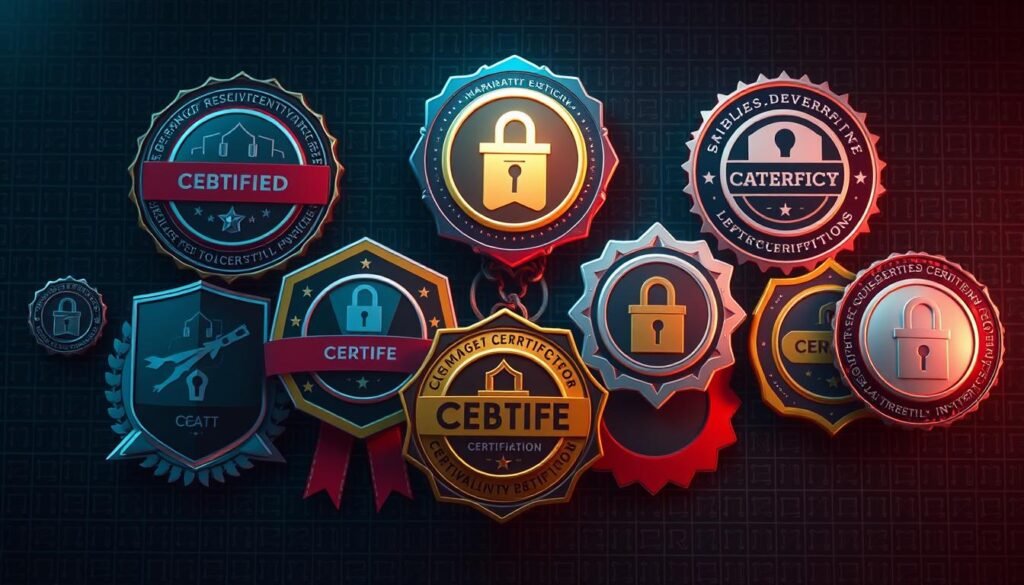 A highly detailed, photorealistic illustration of various cybersecurity certification badges and emblems, arranged in a dynamic and visually engaging composition. The certifications are depicted with a sharp focus and vibrant colors, creating a sense of authority and professionalism. The background features a subtle, dark-toned grid pattern, representing the digital and technological nature of the subject matter. The lighting is dramatic, with a mix of soft, directional illumination and subtle shadows, adding depth and dimensionality to the image. The overall mood is one of expertise, credibility, and the importance of professional development in the field of cybersecurity.