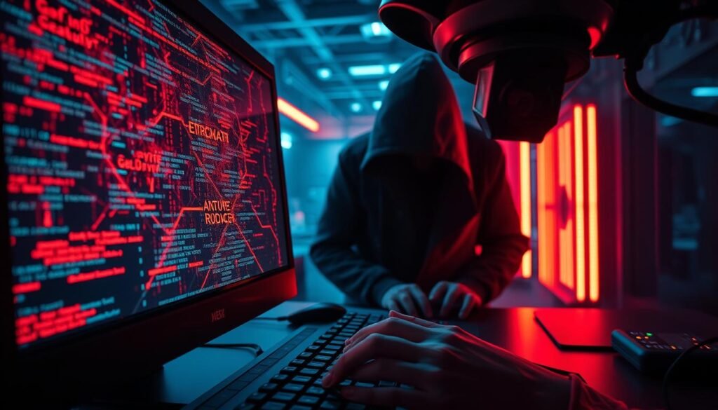 A hyper-realistic, cinematic rendering of a malware attack, captured through the lens of a high-resolution surveillance camera. In the foreground, a complex series of digital glyphs and distorted code fragments swarm across a computer screen, hinting at the intricate mechanisms of the malicious software. In the middle ground, a shadowy figure hunches over the keyboard, fingers frantically typing as they attempt to infiltrate the system. The background is bathed in an eerie, neon-tinged glow, conveying a sense of technological unease and the ever-present threat of cyber-criminality. The lighting is dramatic, with pools of shadow and highlights that emphasize the tension and urgency of the scene. The overall tone is one of foreboding and technological menace, capturing the essence of the "Malware Attacks" threat described in the article.