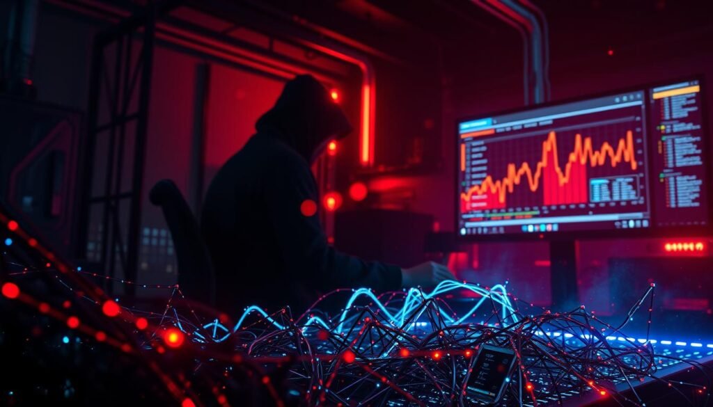A hyper-realistic, cinematic view of a distributed denial-of-service (DDoS) attack in progress. In the foreground, a tangle of jagged, neon-colored data streams bombard a secure server, disrupting its operations. The middle ground features a sleek, futuristic user interface displaying network traffic metrics spiking dramatically. In the background, a shadowy hacker's workstation, illuminated by an ominous red glow, orchestrates the assault. The scene conveys a sense of technological chaos, with precise attention to detail in the lighting, textures, and overall dystopian atmosphere.