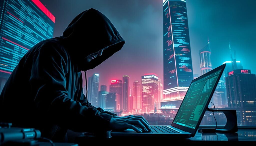A hyper-realistic cyberpunk landscape, with a towering skyscraper in the background, its sleek glass façade reflecting the neon-lit city skyline. In the foreground, a shadowy figure, cloaked in dark clothing, hunches over a laptop, lines of code cascading across the screen. Holographic displays flicker and glitch, as the hacker's fingers fly across the keyboard, probing for vulnerabilities. The air crackles with an ominous tension, as the impact of their actions ripples through the digital realm, challenging the very foundations of cybersecurity.