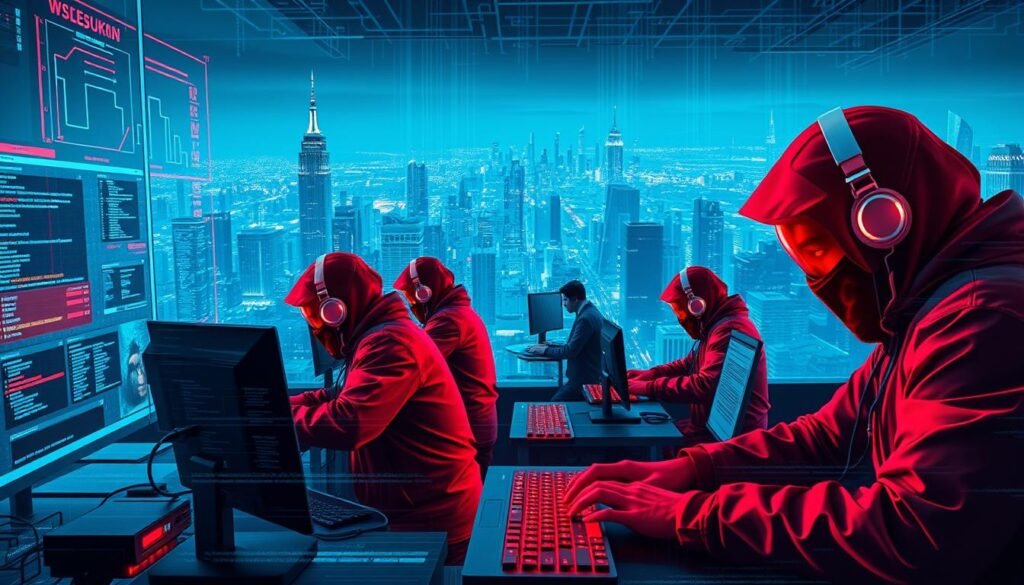 A hyper-realistic cybersecurity landscape, bathed in a cool, technocratic glow. In the foreground, a team of red-clad hackers infiltrate a secure network, fingers flying across keyboards as they bypass firewalls and exploit vulnerabilities. In the middle ground, a blue-uniformed cybersecurity team scrambles to detect the intrusion, monitoring screens filled with complex data visualizations. In the distant background, a sprawling cityscape of skyscrapers and data centers, pulsing with the energy of the digital age. Dramatic lighting accentuates the high-stakes drama, creating a sense of tension and urgency. The scene conveys the dynamic interplay between offensive and defensive cybersecurity operations, where skilled professionals battle to protect and compromise critical systems.