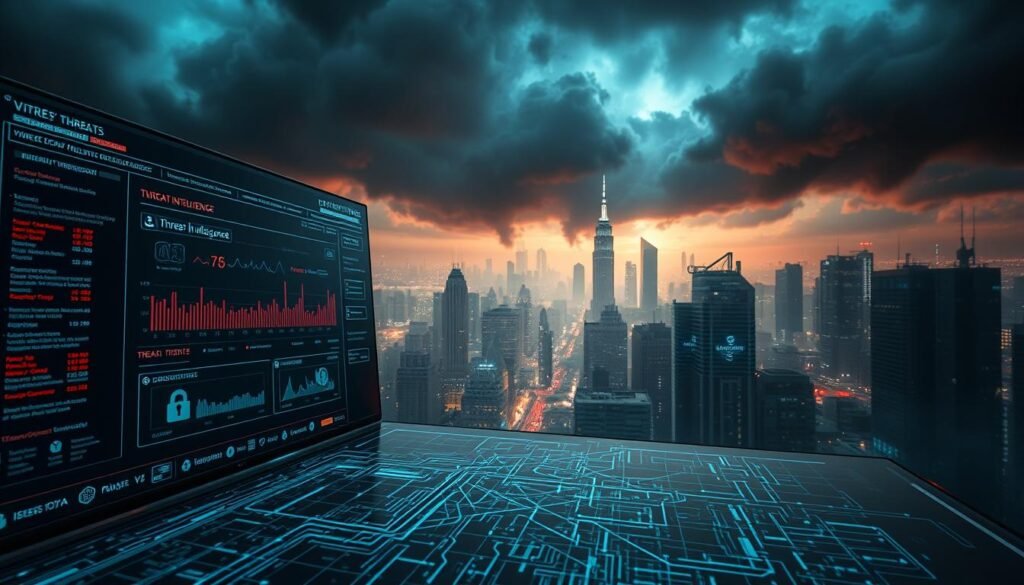 A hyper-realistic digital illustration depicting the concept of "threat intelligence" in the context of vulnerability management. The foreground showcases a futuristic cybersecurity dashboard displaying real-time threat data and analytics, with a focus on software vulnerabilities. The middle ground features a network of interconnected nodes and data streams, representing the complex web of cyber threats. In the background, an ominous cityscape shrouded in a dark, moody atmosphere conveys the sense of looming digital dangers. The scene is illuminated by a combination of sharp, directional lighting and subtle ambient glow, creating a sense of tension and urgency. The overall composition emphasizes the vital role of threat intelligence in proactively identifying and mitigating software vulnerabilities. A hyper-realistic digital illustration depicting the concept of "threat intelligence" in the context of vulnerability management. The foreground showcases a futuristic cybersecurity dashboard displaying real-time threat data and analytics, with a focus on software vulnerabilities. The middle ground features a network of interconnected nodes and data streams, representing the complex web of cyber threats. In the background, an ominous cityscape shrouded in a dark, moody atmosphere conveys the sense of looming digital dangers. The scene is illuminated by a combination of sharp, directional lighting and subtle ambient glow, creating a sense of tension and urgency. The overall composition emphasizes the vital role of threat intelligence in proactively identifying and mitigating software vulnerabilities.