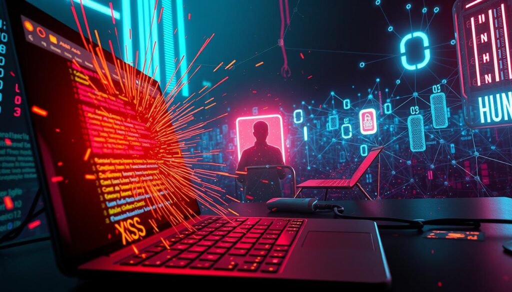 A hyper-realistic digital illustration depicting the devastating impact of a cross-site scripting (XSS) attack. In the foreground, a hacked web page displays a malicious script, with lines of code cascading across the screen like digital shrapnel. In the middle ground, a user's personal information is being siphoned away, their digital identity compromised. In the background, a network of interconnected devices lies vulnerable, the ripple effects of the XSS attack spreading through the digital landscape. The scene is bathed in an ominous, neon-tinged glow, conveying the gravity and pervasiveness of this cybersecurity threat. Crisp, high-resolution details and a cinematic, suspenseful atmosphere heighten the sense of urgency and danger. A hyper-realistic digital illustration depicting the devastating impact of a cross-site scripting (XSS) attack. In the foreground, a hacked web page displays a malicious script, with lines of code cascading across the screen like digital shrapnel. In the middle ground, a user's personal information is being siphoned away, their digital identity compromised. In the background, a network of interconnected devices lies vulnerable, the ripple effects of the XSS attack spreading through the digital landscape. The scene is bathed in an ominous, neon-tinged glow, conveying the gravity and pervasiveness of this cybersecurity threat. Crisp, high-resolution details and a cinematic, suspenseful atmosphere heighten the sense of urgency and danger.