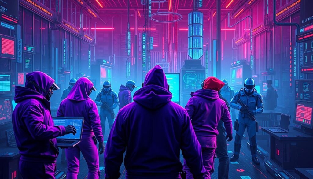 A hyper-realistic digital illustration showcasing a cybersecurity landscape with three distinct teams in fierce competition. In the foreground, the Purple Team - an elite group of ethical hackers and security analysts, donning sleek, violet-hued uniforms, expertly navigating complex networks. Facing them, the Red Team - seasoned penetration testers, cloaked in crimson, employing advanced offensive tactics. Between them, the Blue Team - defenders in azure armor, valiantly protecting critical systems with state-of-the-art security measures. The scene is bathed in a dramatic, neon-tinged lighting, creating an intense, high-stakes atmosphere. The perspective is slightly elevated, providing a panoramic view of the cyberbattle unfolding, emphasizing the scale and strategic nature of the confrontation.