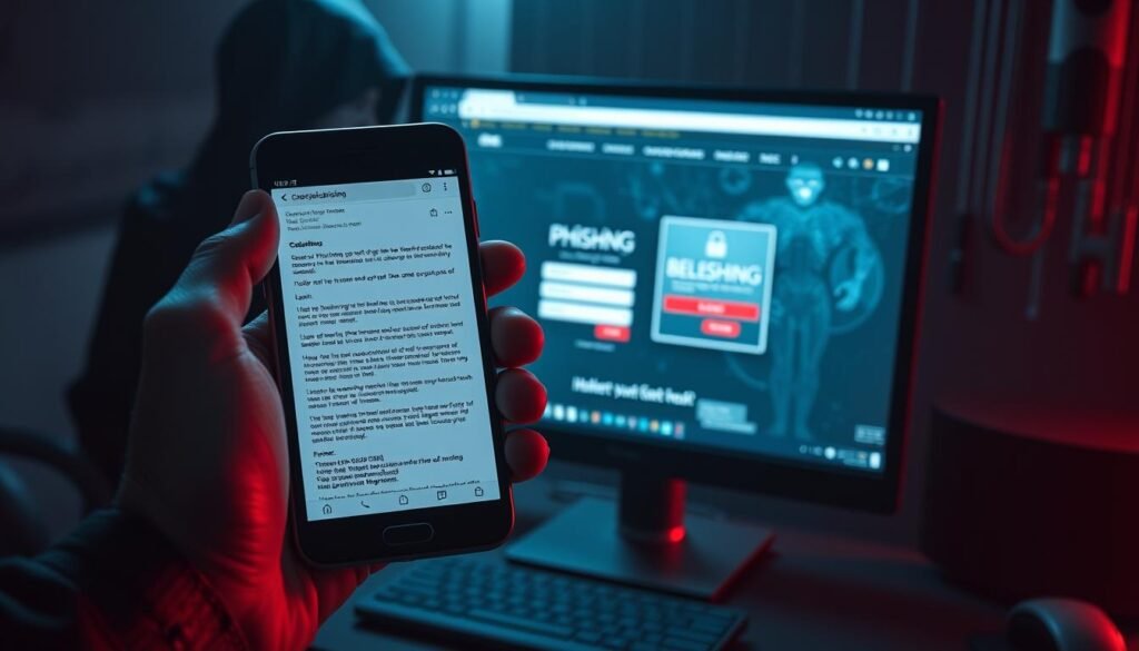 A hyper-realistic digital illustration showcasing a phishing attack scenario. In the foreground, a hand holding a smartphone displays a convincing but malicious email, luring the user to click on a suspicious link. The middle ground features a computer screen with a web browser open, revealing a fake login page designed to steal the user's credentials. In the background, a shadowy figure lurks, representing the cybercriminal orchestrating the attack. The scene is bathed in a tense, ominous lighting, conveying the serious threat of phishing attacks. Detailed textures, realistic shadows, and a cinematic camera angle enhance the sense of immersion and the gravity of the situation.