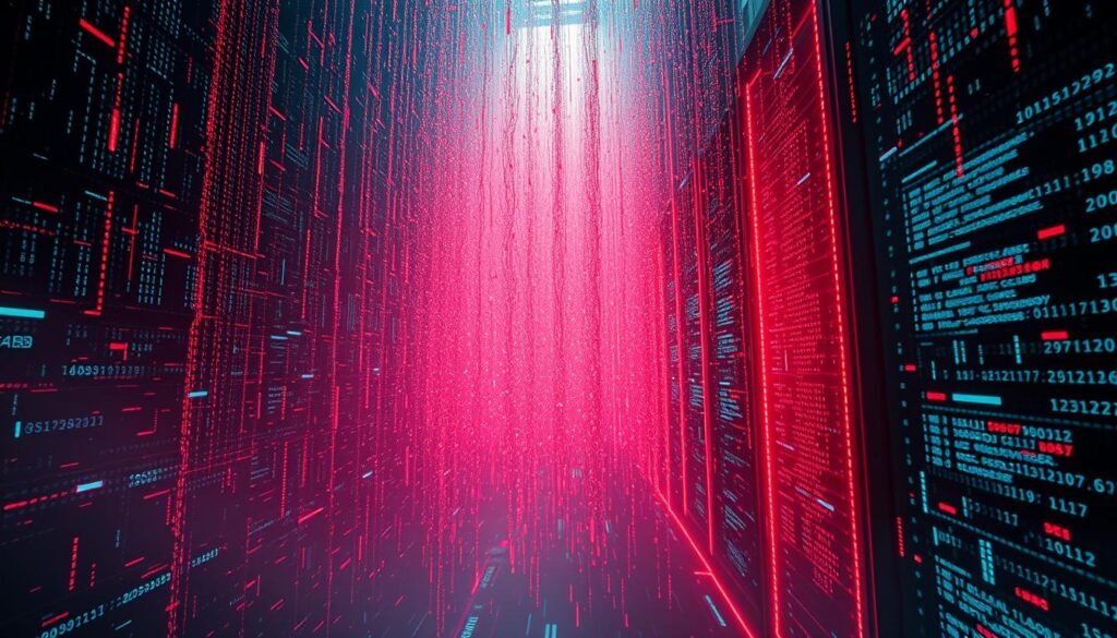 A massive swarm of digital data packets cascading across a dark, techno-futuristic landscape, creating a chaotic, disruptive pattern that overwhelms and disrupts a central server system. Glowing lines of code and digital distortions fill the frame, conveying the intensity and scale of a distributed denial-of-service (DDoS) attack. The scene is lit by an ominous red glow, casting dramatic shadows and highlighting the destructive power of this cyber threat. The overall impression is one of a sophisticated, large-scale cyber attack that aims to disable and disrupt critical online infrastructure.