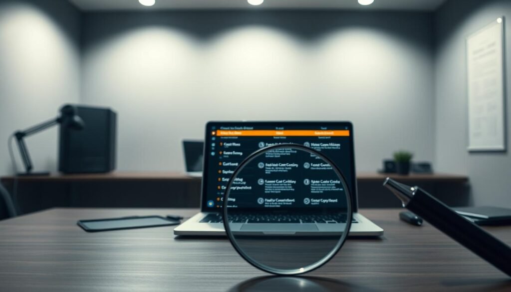 A neatly organized desktop with various cybersecurity certification options displayed prominently. In the foreground, a magnifying glass hovers over the options, highlighting the decision-making process. The middle ground features a laptop displaying detailed information about each certification, providing a clear comparison. The background has a sophisticated, minimalist office setting with muted tones, conveying a sense of professionalism and thoughtfulness. The lighting is soft and directional, creating depth and emphasizing the key elements. The overall mood is one of careful consideration and the pursuit of the right cybersecurity path.