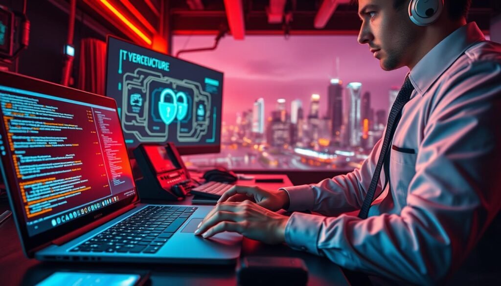 A neon-lit cybersecurity workspace, a laptop displaying intricate lines of code, a desk littered with tech gadgets and tools. In the foreground, an IT support specialist, dressed in a crisp shirt and tie, confidently navigating the complexities of network security, their hands deftly troubleshooting and problem-solving. The middle ground showcases a large display screen, projecting a visual representation of a secure, multi-layered cybersecurity infrastructure. In the background, a sleek, futuristic city skyline, hinting at the broader scope of the digital landscape. Warm, focused lighting casts an air of professionalism and expertise, capturing the synergy between IT support skills and the demands of the cybersecurity field.