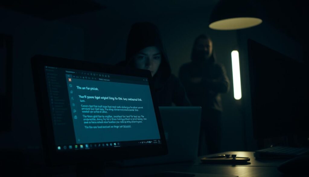 A phishing attack simulation, set in a dimly lit office environment. In the foreground, a computer screen displays a fraudulent email, the cursor hovering over a malicious link. The middle ground features a concerned-looking office worker, their face lit by the screen's glow, contemplating whether to click. The background showcases a shadowy, anonymous figure, representing the unseen hacker orchestrating the attack. Moody lighting casts dramatic shadows, heightening the sense of tension and unease. A cinematic, film noir-inspired aesthetic pervades the scene, emphasizing the deceptive and ominous nature of phishing threats.