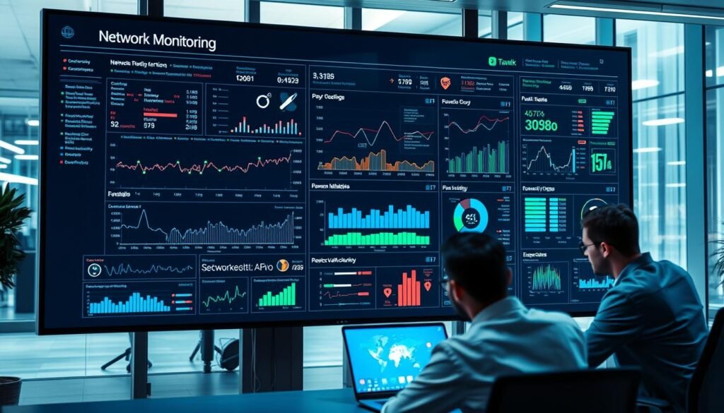 A real-time network monitoring dashboard displayed on a large, high-resolution screen. The foreground shows a sleek, minimalist interface with various graphs, charts, and data visualizations depicting network traffic, bandwidth utilization, and security alerts. The middle ground features a team of cybersecurity analysts intently focused on the display, dressed in professional attire and working collaboratively. The background showcases a modern, well-lit office environment with large windows, providing a sense of transparency and connection to the outside world. The lighting is soft and even, creating a sense of professionalism and authority. The overall mood is one of vigilance, efficiency, and a proactive approach to network security. A real-time network monitoring dashboard displayed on a large, high-resolution screen. The foreground shows a sleek, minimalist interface with various graphs, charts, and data visualizations depicting network traffic, bandwidth utilization, and security alerts. The middle ground features a team of cybersecurity analysts intently focused on the display, dressed in professional attire and working collaboratively. The background showcases a modern, well-lit office environment with large windows, providing a sense of transparency and connection to the outside world. The lighting is soft and even, creating a sense of professionalism and authority. The overall mood is one of vigilance, efficiency, and a proactive approach to network security.