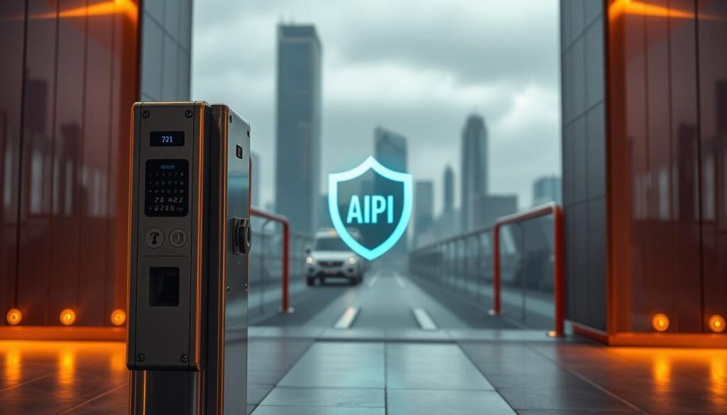 A secure API endpoint stands like a gatekeeper, guarding against unauthorized access. In the foreground, a sturdy, metallic access control panel with biometric scanners and multi-factor authentication mechanisms. In the middle ground, a stylized API icon, symbolizing the digital connection, surrounded by a protective, encrypted shield. The background depicts a sleek, minimalist cityscape, hinting at the modern, interconnected world these APIs operate within. Warm, directional lighting illuminates the scene, creating a sense of trust and reliability. The overall mood is one of robust security, technological sophistication, and unwavering protection of sensitive data. A secure API endpoint stands like a gatekeeper, guarding against unauthorized access. In the foreground, a sturdy, metallic access control panel with biometric scanners and multi-factor authentication mechanisms. In the middle ground, a stylized API icon, symbolizing the digital connection, surrounded by a protective, encrypted shield. The background depicts a sleek, minimalist cityscape, hinting at the modern, interconnected world these APIs operate within. Warm, directional lighting illuminates the scene, creating a sense of trust and reliability. The overall mood is one of robust security, technological sophistication, and unwavering protection of sensitive data.