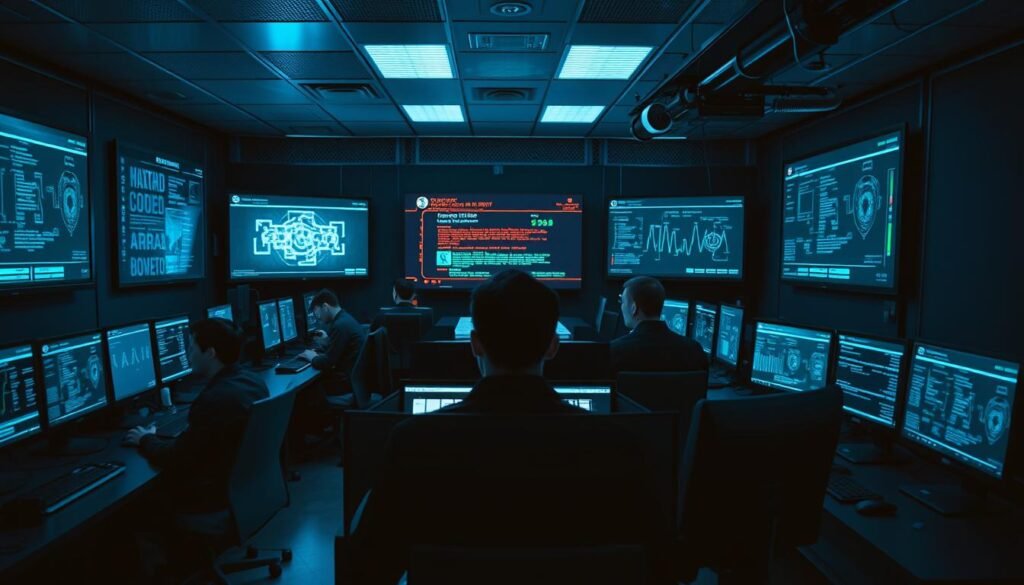 A secure computer lab with multiple workstations and display screens, simulating a realistic cybersecurity operations center. The room is dimly lit, with a cool blue tint and subtle ambient lighting. On the screens, various hacking tools, network diagrams, and real-time threat monitoring dashboards are visible, creating an atmosphere of intense focus and vigilance. In the foreground, a team of cybersecurity experts, clad in dark uniforms, intently analyzes data and collaborates to uncover and mitigate a simulated cyber attack. The scene conveys a sense of urgency and professionalism as they work to protect against evolving digital threats.