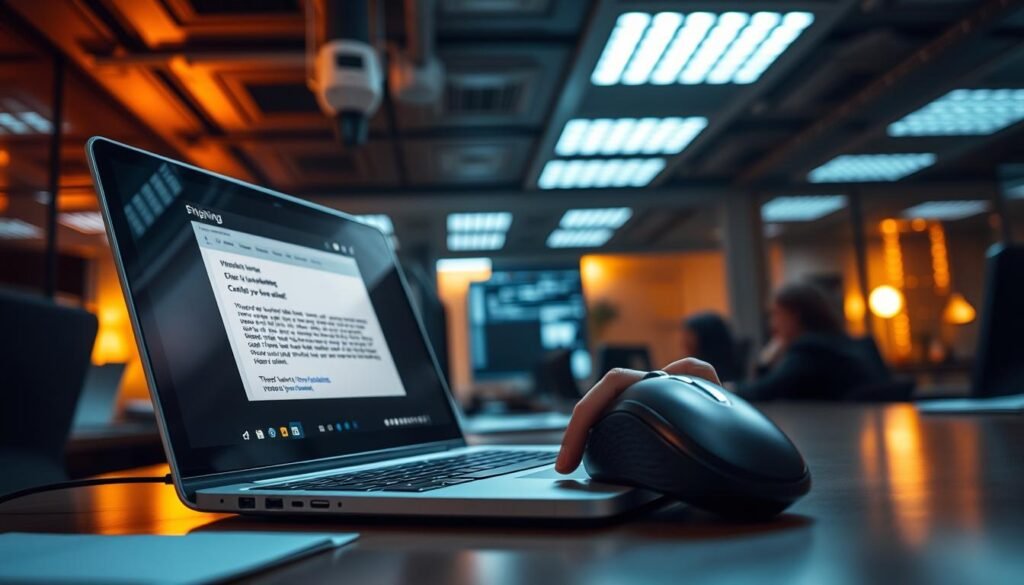 A secure corporate office workspace, bathed in warm, focused lighting. On the desk, a laptop displays a simulated phishing email, its subject line ominous. The user's hand hovers over the mouse, contemplating whether to click the suspicious link. Tension fills the air as the scene captures the moment of decision-making, a crucial step in a carefully orchestrated phishing simulation campaign designed to enhance organizational cybersecurity awareness.