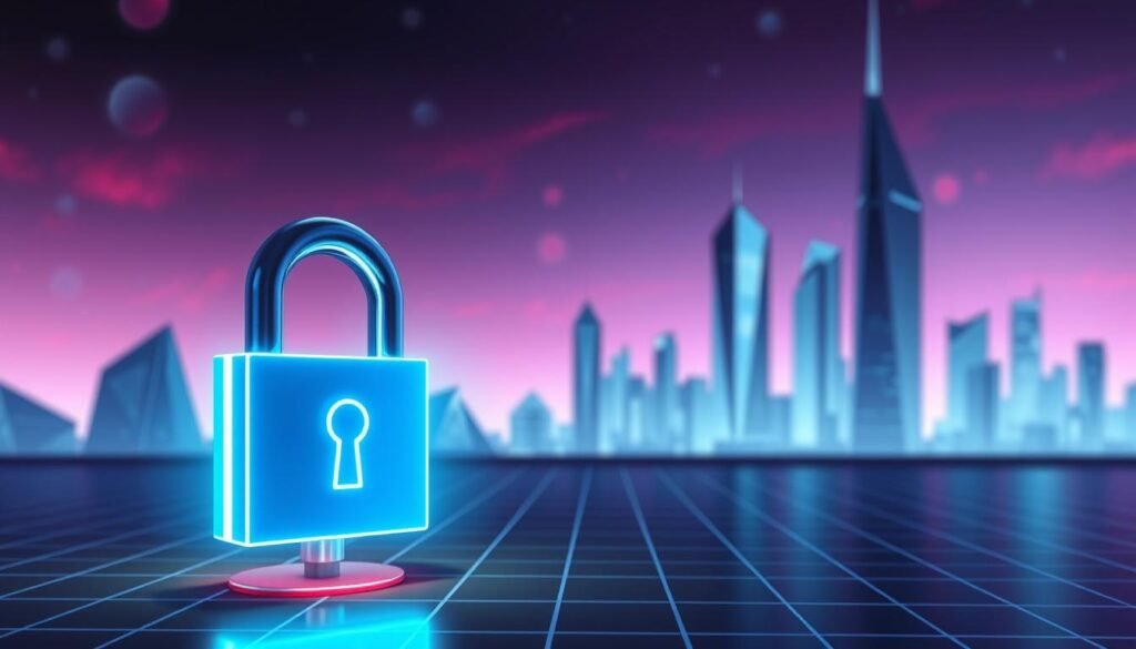 A secure data encryption system, with a stylized, futuristic aesthetic. In the foreground, a digital lock icon glows with a bluish-white light, symbolizing the strength and reliability of the encryption. The middle ground features a geometric grid pattern, representing the complex mathematical algorithms powering the security measures. In the background, a minimalist cityscape with sleek, angular skyscrapers and a vibrant, neon-tinged sky conveys a sense of technological advancement and innovation. The overall mood is one of high-tech sophistication, confidence, and unwavering protection of sensitive information. A secure data encryption system, with a stylized, futuristic aesthetic. In the foreground, a digital lock icon glows with a bluish-white light, symbolizing the strength and reliability of the encryption. The middle ground features a geometric grid pattern, representing the complex mathematical algorithms powering the security measures. In the background, a minimalist cityscape with sleek, angular skyscrapers and a vibrant, neon-tinged sky conveys a sense of technological advancement and innovation. The overall mood is one of high-tech sophistication, confidence, and unwavering protection of sensitive information.