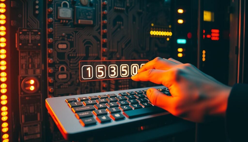 A secure data vault with a complex password interface, illuminated by warm ambient lighting. In the foreground, a hand types a lengthy, alphanumeric password on a sleek, minimalist keyboard. The background features a wall of intricate circuit boards and blinking indicator lights, conveying the technical sophistication of the authentication system. The overall scene radiates a sense of safety, reliability, and impenetrability, befitting a critical FTP server protected against brute force and dictionary attacks.