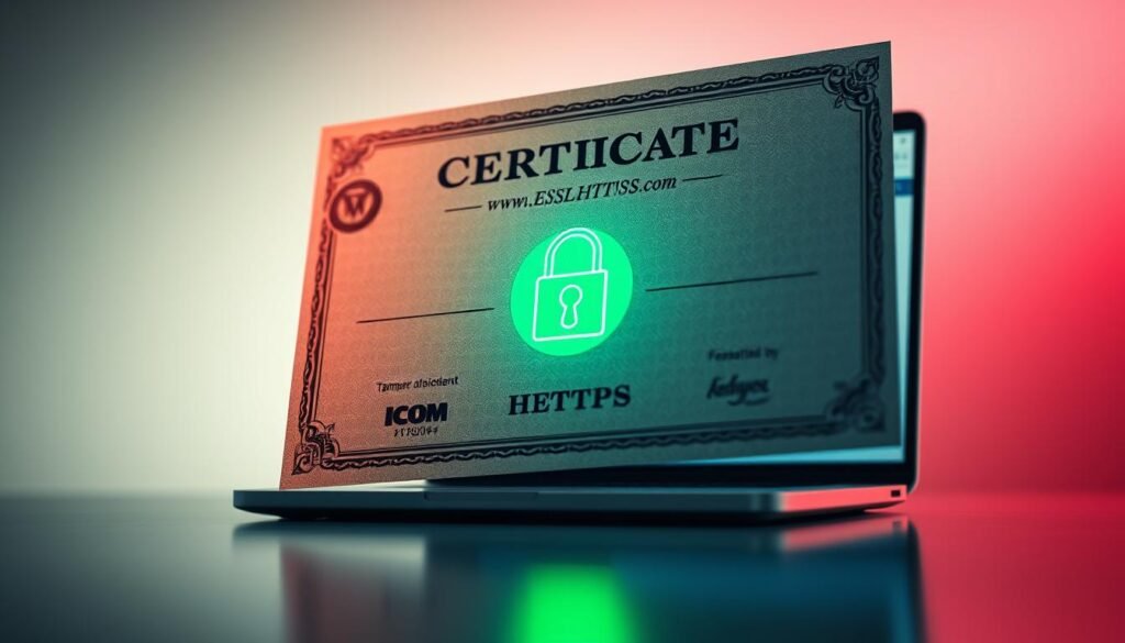 A secure, digital certificate floating against a gradient backdrop, casting a subtle glow. The certificate's surface reflects crisp, intricate details - holographic seals, tamper-evident holograms, and microprinting that catch the light. In the middle ground, a laptop screen displays a website with a prominent green lock icon, symbolizing the HTTPS connection. The background is softly blurred, emphasizing the certificate as the focal point. The overall mood is one of trust, reliability, and digital safety, perfectly suited to illustrate the importance of SSL/HTTPS for a WordPress website.