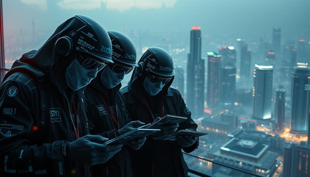 A secure digital fortress stands tall, its walls fortified with cutting-edge cybersecurity measures. In the foreground, a team of white hat hackers, clad in sleek, dark attire, scrutinize lines of code, probing for vulnerabilities. Holographic displays flicker with intricate data visualizations, their keen eyes scanning for anomalies. The middle ground showcases a network of interconnected devices, each safeguarded by robust firewalls and encryption protocols. In the background, a cityscape of gleaming skyscrapers is shrouded in a hazy, techno-infused atmosphere, reflecting the constant battle to protect against the ever-evolving threats of the digital landscape. Diffused lighting casts a sense of vigilance and determination, as the white hat hackers work tirelessly to secure the organization's digital assets.