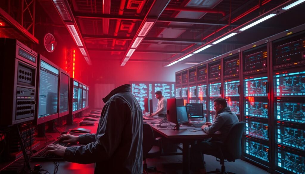 A secure red team lab, bathed in a warm, focused lighting. In the foreground, a network engineer carefully configures a firewall, monitoring intrusion detection systems and access logs. In the middle ground, technicians validate security protocols, running penetration tests and verifying system hardening. In the background, a massive server rack hums with the power of high-performance machines, ready to simulate advanced threats. The atmosphere is one of vigilance and technical expertise, where every detail is scrutinized to ensure the lab's resilience against the most sophisticated attacks.