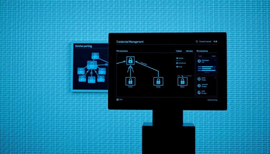A secure, streamlined credential management system. In the foreground, a display panel showcases a sleek, minimalist interface for managing user accounts and permissions. In the middle ground, a network infrastructure diagram depicts interconnected devices, each with secure access controls. The background features a subtle grid pattern, conveying a sense of order and organization. Diffuse lighting creates a clean, professional atmosphere, while a slightly elevated camera angle suggests an overview perspective. The scene exudes efficiency, reliability, and a commitment to cybersecurity best practices.