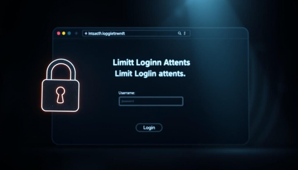 A secure website login screen with a prominent "Limit Login Attempts" message. The interface has a minimalist, dark-themed design with clean lines and subtle textures. In the foreground, a glowing, padlock-shaped icon symbolizes the importance of access control. The middle ground features a login form with input fields for username and password, along with a "Login" button. The background showcases a blurred, abstract pattern that creates a sense of depth and sophistication. Dramatic lighting from the side casts dramatic shadows, adding depth and drama to the scene. The overall mood is one of heightened security, deterring unauthorized access and protecting sensitive information.