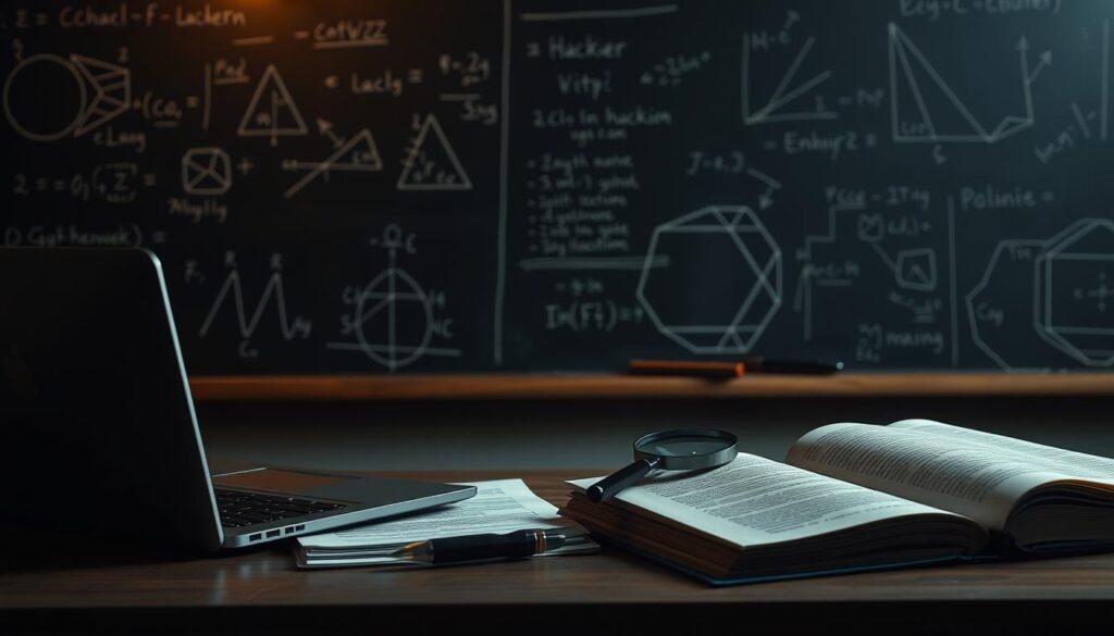 A serene, dimly lit workspace with a laptop, open books, and a magnifying glass on the desk. In the background, a chalkboard displays complex mathematical equations and diagrams, hinting at the intellectual depth of the subject. Soft, warm lighting creates an atmosphere of contemplation, while the muted color palette and minimal clutter suggest a thoughtful, ethical approach to the practice of hacking. The scene evokes a sense of balance between technology, theory, and moral deliberation.