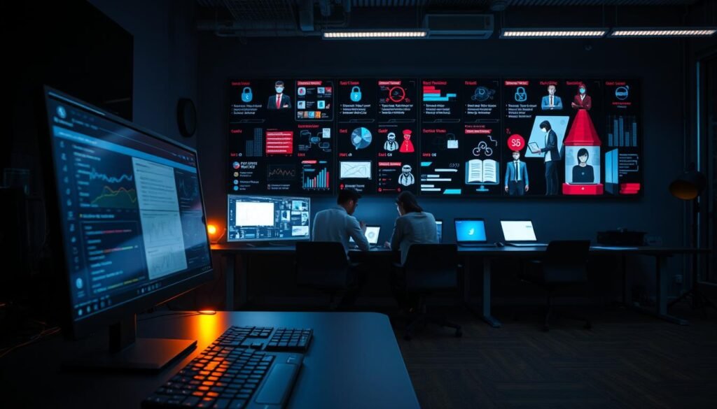 A serene office setting, dimly lit with warm, ambient lighting. In the foreground, a sleek desktop computer setup, with a keyboard, mouse, and multiple monitors displaying cybersecurity dashboards and analytics. In the middle ground, a team of professionals, dressed in business attire, collaborating at a conference table, poring over documents and laptops. The background features a wall-mounted display showcasing various cybersecurity roles, including network administrators, security analysts, penetration testers, and ethical hackers. The overall atmosphere conveys a sense of focus, expertise, and teamwork in the field of cybersecurity.
