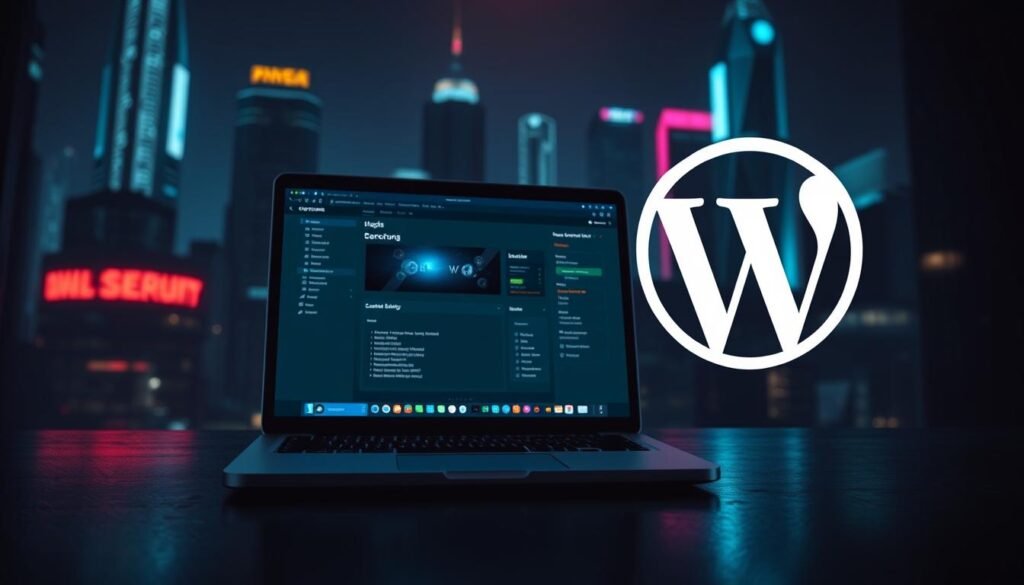 A sleek and modern WordPress security plugin logo hovers in the foreground, its bold typography and clean, minimalist design conveying a sense of trustworthiness and reliability. In the middle ground, a laptop screen displays the plugin's user interface, showcasing its intuitive controls and comprehensive security features. The background depicts a dimly lit cyberpunk-inspired cityscape, hinting at the digital threats that the plugin protects against, with neon-lit skyscrapers and a moody, atmospheric lighting that creates a sense of tension and urgency.