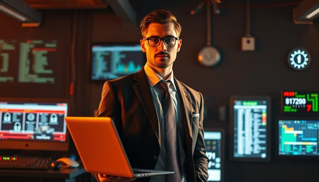 A sleek and modern cybersecurity professional standing confidently, dressed in a sharp suit and tie, with a laptop, security monitoring screens, and a digital keypad in the background, conveying the expertise and authority of a Systems Security Certified Practitioner. The scene is illuminated by warm, directional lighting, casting dramatic shadows and highlighting the subject's focused expression. The overall atmosphere is one of technological sophistication, attention to detail, and a commitment to protecting digital systems.