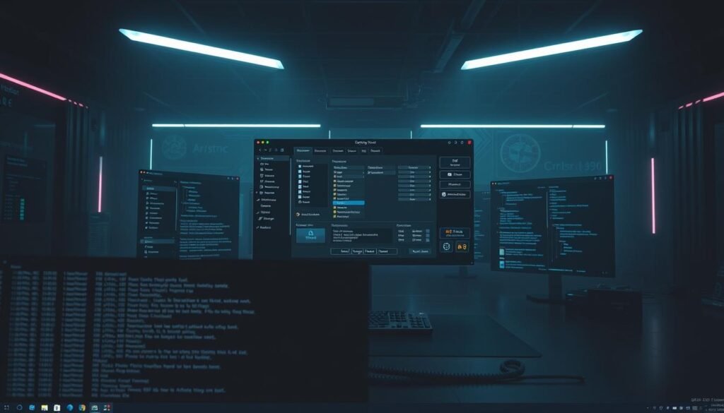 A sleek, dark-themed desktop interface with a prominently displayed password cracking tool at the center, its user interface showcasing various options and settings. In the foreground, a terminal window displays lines of code, hinting at the tool's inner workings. The middle ground features various system information panels and monitoring tools, conveying a sense of technical depth and control. The background is a dimly lit, moody environment, with subtle lighting accents that create an atmosphere of focus and intensity, suitable for the task at hand.