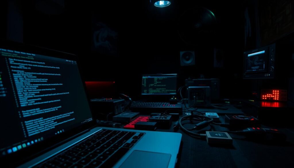 A sleek, dark-themed workstation showcases an array of Kali Linux hacking tools. In the foreground, a laptop displays a terminal interface with lines of code and diagnostic tools. In the middle ground, various hardware devices like network adapters, USB drives, and probing devices are neatly arranged, hinting at the versatility of Kali's toolkit. The background is dimly lit, creating an atmosphere of focus and intensity, with subtle highlights illuminating the workspace. The scene is captured through a wide-angle lens, emphasizing the technical depth and complexity of the Kali Linux hacking ecosystem. A sleek, dark-themed workstation showcases an array of Kali Linux hacking tools. In the foreground, a laptop displays a terminal interface with lines of code and diagnostic tools. In the middle ground, various hardware devices like network adapters, USB drives, and probing devices are neatly arranged, hinting at the versatility of Kali's toolkit. The background is dimly lit, creating an atmosphere of focus and intensity, with subtle highlights illuminating the workspace. The scene is captured through a wide-angle lens, emphasizing the technical depth and complexity of the Kali Linux hacking ecosystem.