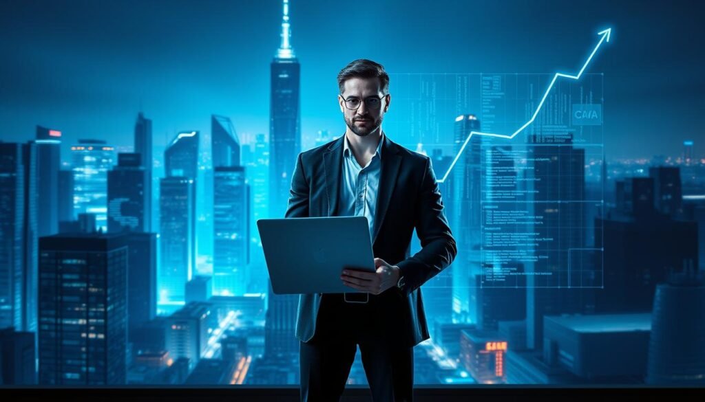 A sleek, futuristic cityscape at night, with towering skyscrapers and a glowing digital skyline. In the foreground, a confident cybersecurity professional stands, laptop in hand, surrounded by a holographic display of intricate code and network visualizations. The scene is bathed in a cool, blue-tinted lighting, creating an atmosphere of technological sophistication and forward-thinking innovation. In the background, a stylized graph charts the exponential growth of the cybersecurity industry, underscoring the dynamic and rewarding career path it offers. The composition emphasizes the dynamic, cutting-edge nature of the cybersecurity field and its promising future.