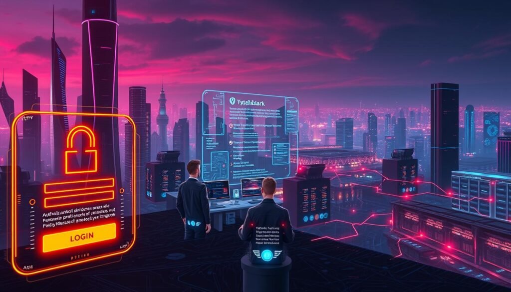 A sleek, futuristic cityscape with towering skyscrapers and glowing holographic displays. In the foreground, a secure login interface with biometric scanners and multi-factor authentication prompts. Floating holograms depict access control policies and encrypted data flows. The middle ground features a team of cybersecurity experts monitoring a complex dashboard of authorization privileges and threat detection. In the background, a vast network of interconnected servers and databases, protected by layered firewalls and AI-driven anomaly detection. The scene conveys a sense of advanced, streamlined security measures safeguarding critical digital infrastructure. A sleek, futuristic cityscape with towering skyscrapers and glowing holographic displays. In the foreground, a secure login interface with biometric scanners and multi-factor authentication prompts. Floating holograms depict access control policies and encrypted data flows. The middle ground features a team of cybersecurity experts monitoring a complex dashboard of authorization privileges and threat detection. In the background, a vast network of interconnected servers and databases, protected by layered firewalls and AI-driven anomaly detection. The scene conveys a sense of advanced, streamlined security measures safeguarding critical digital infrastructure.