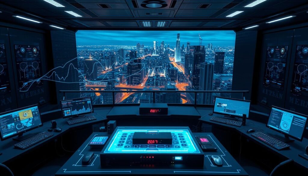 A sleek, futuristic control center showcasing a suite of network anomaly detection tools. In the foreground, a large holographic display shows real-time network traffic patterns, with fluctuating lines and pulsing data visualizations. Positioned around the display are an array of high-tech monitoring consoles, each with a variety of intuitive interfaces and interactive dashboards. The middle ground features specialized hardware appliances, their LED-lit panels and cooling vents hinting at their powerful processing capabilities. In the background, a panoramic view of a cityscape at night, the urban landscape illuminated by the glow of streetlights and skyscrapers. The overall scene conveys a sense of technological sophistication and vigilance, underscoring the vital importance of these tools in safeguarding digital networks. A sleek, futuristic control center showcasing a suite of network anomaly detection tools. In the foreground, a large holographic display shows real-time network traffic patterns, with fluctuating lines and pulsing data visualizations. Positioned around the display are an array of high-tech monitoring consoles, each with a variety of intuitive interfaces and interactive dashboards. The middle ground features specialized hardware appliances, their LED-lit panels and cooling vents hinting at their powerful processing capabilities. In the background, a panoramic view of a cityscape at night, the urban landscape illuminated by the glow of streetlights and skyscrapers. The overall scene conveys a sense of technological sophistication and vigilance, underscoring the vital importance of these tools in safeguarding digital networks.