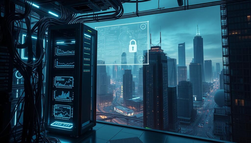 A sleek, futuristic cybersecurity landscape with a strong foundation. In the foreground, a secure server rack towers amidst a network of glowing cables and circuits. The middle ground features a holographic display showcasing intricate security protocols and data visualizations. In the background, a cityscape of towering skyscrapers and neon-lit streets conveys the scale and importance of robust cybersecurity. Dramatic lighting casts sharp shadows, creating a sense of depth and techno-futuristic ambiance. The scene is rendered with a cinematic, high-contrast style, emphasizing the gravity and complexity of building a solid cybersecurity foundation.