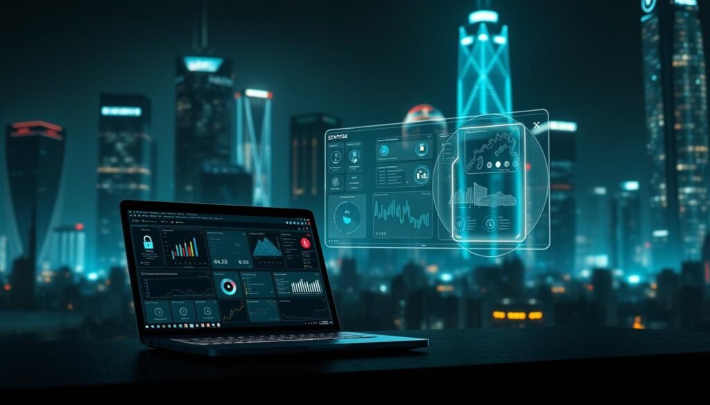 A sleek, futuristic cybersecurity portfolio showcased against a backdrop of a dark, high-tech landscape. In the foreground, a laptop displays various security applications and dashboards, highlighting the user's expertise. In the middle ground, a transparent holographic display presents data visualizations and threat analysis. The background features a cityscape of towering skyscrapers, their windows emitting a soft, neon glow. The lighting is dramatic, with pools of light and shadow creating a sense of depth and mystery. The overall scene conveys a professional, cutting-edge aesthetic, reflecting the skills and knowledge of an ethical hacker.