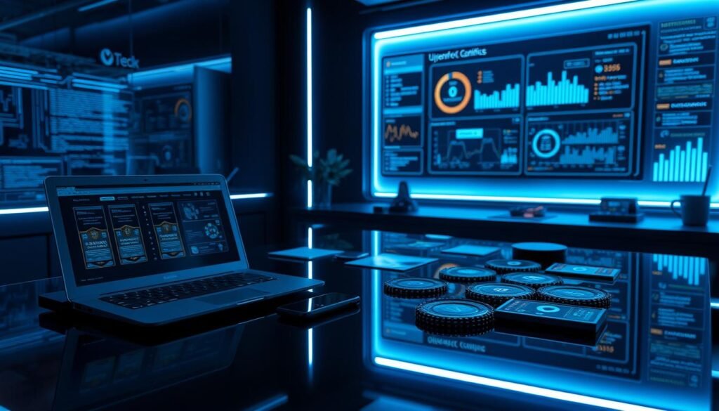 A sleek, futuristic cybersecurity workspace. On a dark, glossy desk, an array of digital devices and certifications are neatly arranged: a laptop, a tablet, a smartphone, and various security-focused certification badges. The scene is illuminated by cool, blue-tinted lighting, casting a technological ambiance. In the background, a wall-mounted display shows a real-time cybersecurity dashboard, with graphs, charts, and data visualizations. The overall atmosphere conveys a sense of expertise, professionalism, and the constant pursuit of digital mastery.