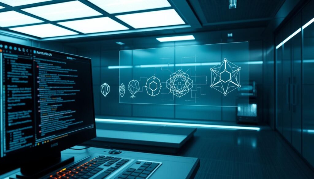A sleek, futuristic lab setting with a holographic display showcasing the evolution of rootkits. In the foreground, a sophisticated computer interface with lines of code and glowing circuit elements. In the middle ground, a series of abstract, interconnected shapes representing the progression of rootkit technologies, from early kernel-level malware to advanced, polymorphic variants. The background features a minimalist, metallic environment with subtle lighting effects, conveying a sense of technological advancement and the ever-evolving nature of cybersecurity threats. The overall mood is one of clinical precision, technological innovation, and the relentless march of digital evolution.