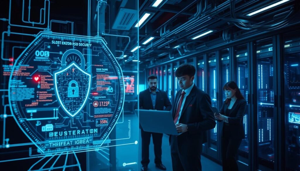 A sleek, futuristic software security system, with a dark, high-tech aesthetic. In the foreground, a holographic display showcases a secure network, pulsing with data streams and encrypted protocols. In the middle ground, a team of cybersecurity experts analyze threat patterns, their expressions focused and determined, illuminated by the glow of their workstations. In the background, a vast, sophisticated server room hums with the power of cutting-edge hardware, cables and cooling systems maintaining the integrity of the digital fortress. The scene is bathed in a cool, blue-tinted lighting, conveying a sense of precision, control, and the gravity of protecting critical software systems. A sleek, futuristic software security system, with a dark, high-tech aesthetic. In the foreground, a holographic display showcases a secure network, pulsing with data streams and encrypted protocols. In the middle ground, a team of cybersecurity experts analyze threat patterns, their expressions focused and determined, illuminated by the glow of their workstations. In the background, a vast, sophisticated server room hums with the power of cutting-edge hardware, cables and cooling systems maintaining the integrity of the digital fortress. The scene is bathed in a cool, blue-tinted lighting, conveying a sense of precision, control, and the gravity of protecting critical software systems.