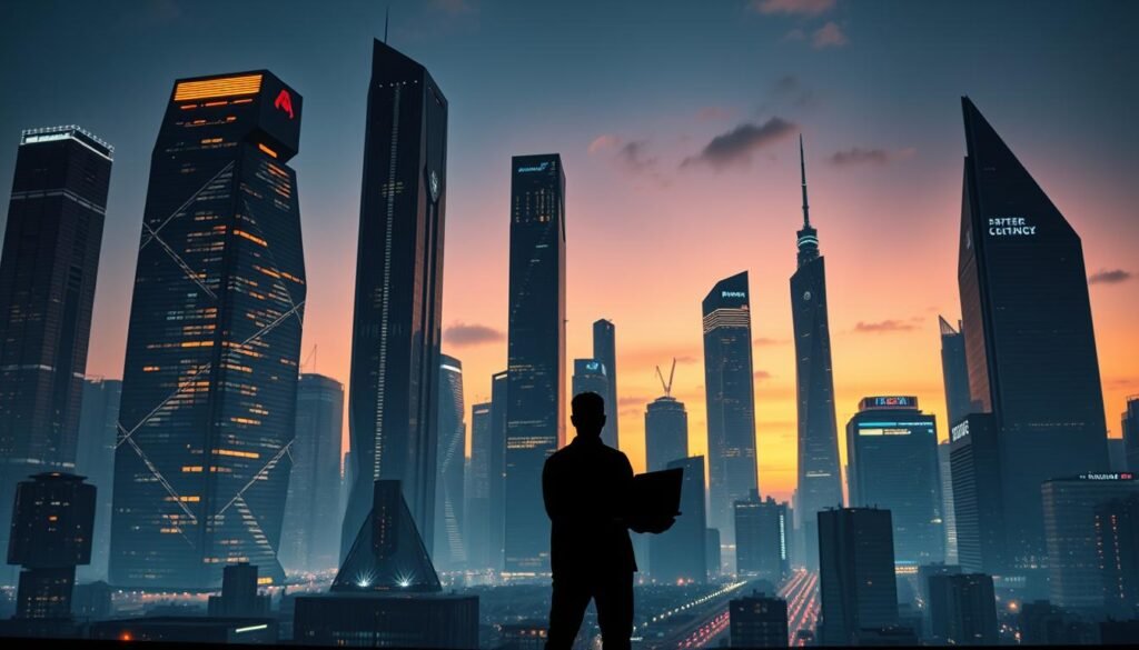 A sleek, high-tech cityscape at dusk, with towering cybersecurity-themed skyscrapers casting long shadows. In the foreground, a silhouetted figure stands, laptop in hand, gazing up at the futuristic skyline, pondering the transition from their IT support role into the dynamic world of cybersecurity. Warm, ambient lighting highlights the contrast between the physical and digital realms, hinting at the blend of technical expertise and strategic thinking required for a successful career shift. The scene exudes a sense of anticipation and determination, capturing the essence of the journey from IT to cybersecurity.